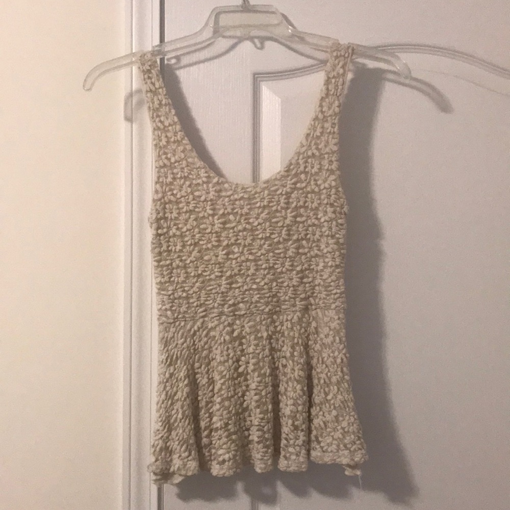 white, cream colored floral lace peplum top